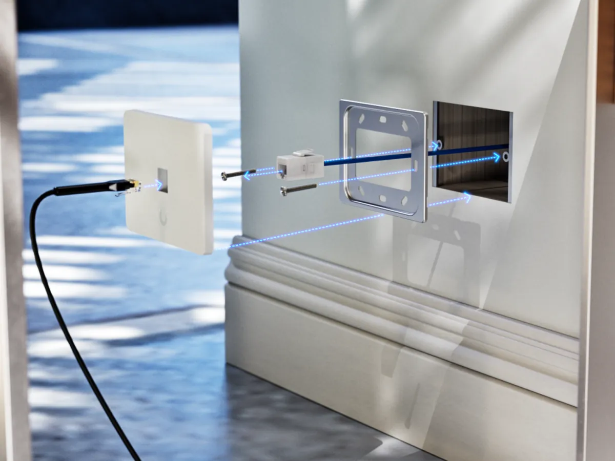 A UniFi wall jack being fitted into a cutout in a white wall, with its cable running behind it