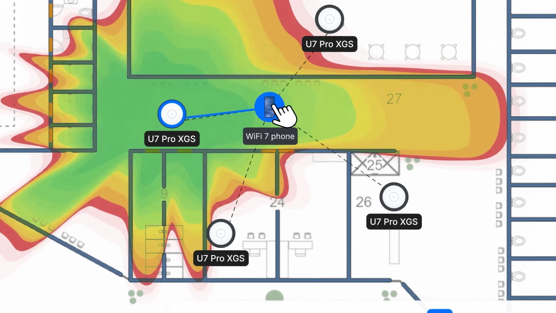 A WiFi heat map in UniFi Design Center, showing signal strength from four access points across an office floor plan
